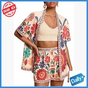 Floral Kimono Shorts Set Polyester Blend Boho Beach Vacation Outfit